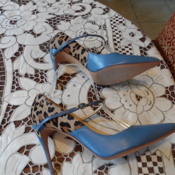 Jennifer Chamandi Light Blue/Leopard "Lorenzo" Two Tone Leather Pumps Si… - Picture 6 of 16